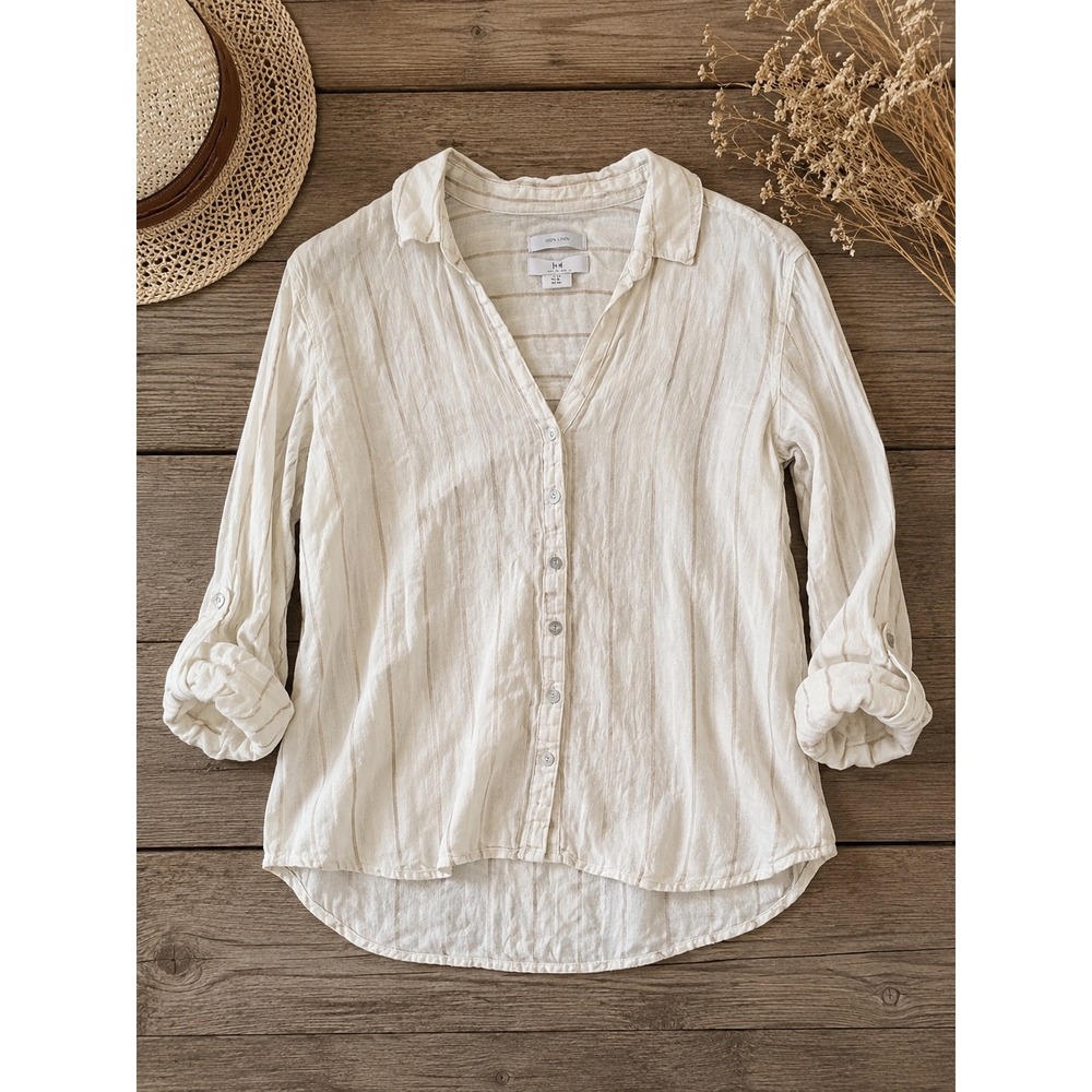 Halston 100% Linen Striped Button Down Shirt Beige White Long Sleeve Womens M